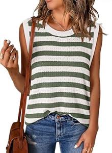 Dokotoo Women Summer Sleeveless Tops Fashion Sweater Vest Striped Knit Tank Top for Women Casual Cute High Neck Color Block Cami Shirts 2025 Trendy Camisole Blouses Green XX-Large