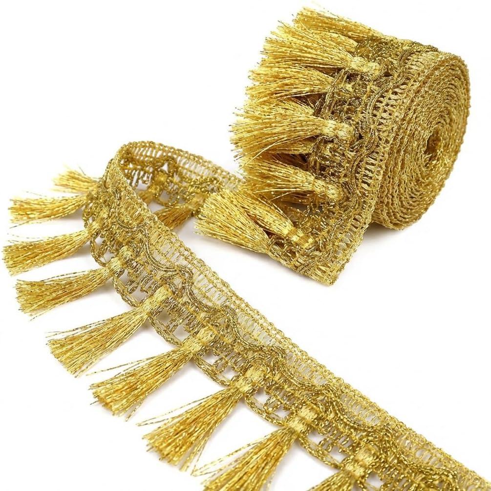 IDONGCAI Gold Fringe Trim Tassel Sewing Trim  2.2 Width, 6Yards Polyester Metallic Tassel Fringe Border for Crafts, Sewing, Home Decor, Curtains & Apparel