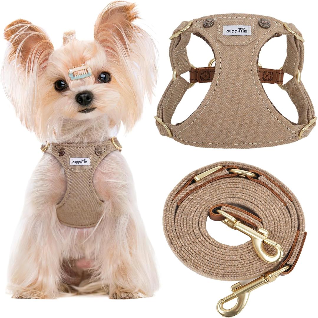 Puppytie No Pull xs Dog Harness with Multifunction Dog Leash,Soft Adjustable No Choke Escape Proof Pet Harness Vest,Denim Mocha Brown,XS