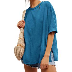 Tankaneo Womens Oversized Tshirts Summer Casual Short Sleeve Crew Neck T Shirt Loose Fit Side Slit Tee Tops (Medium, Lake Blue)