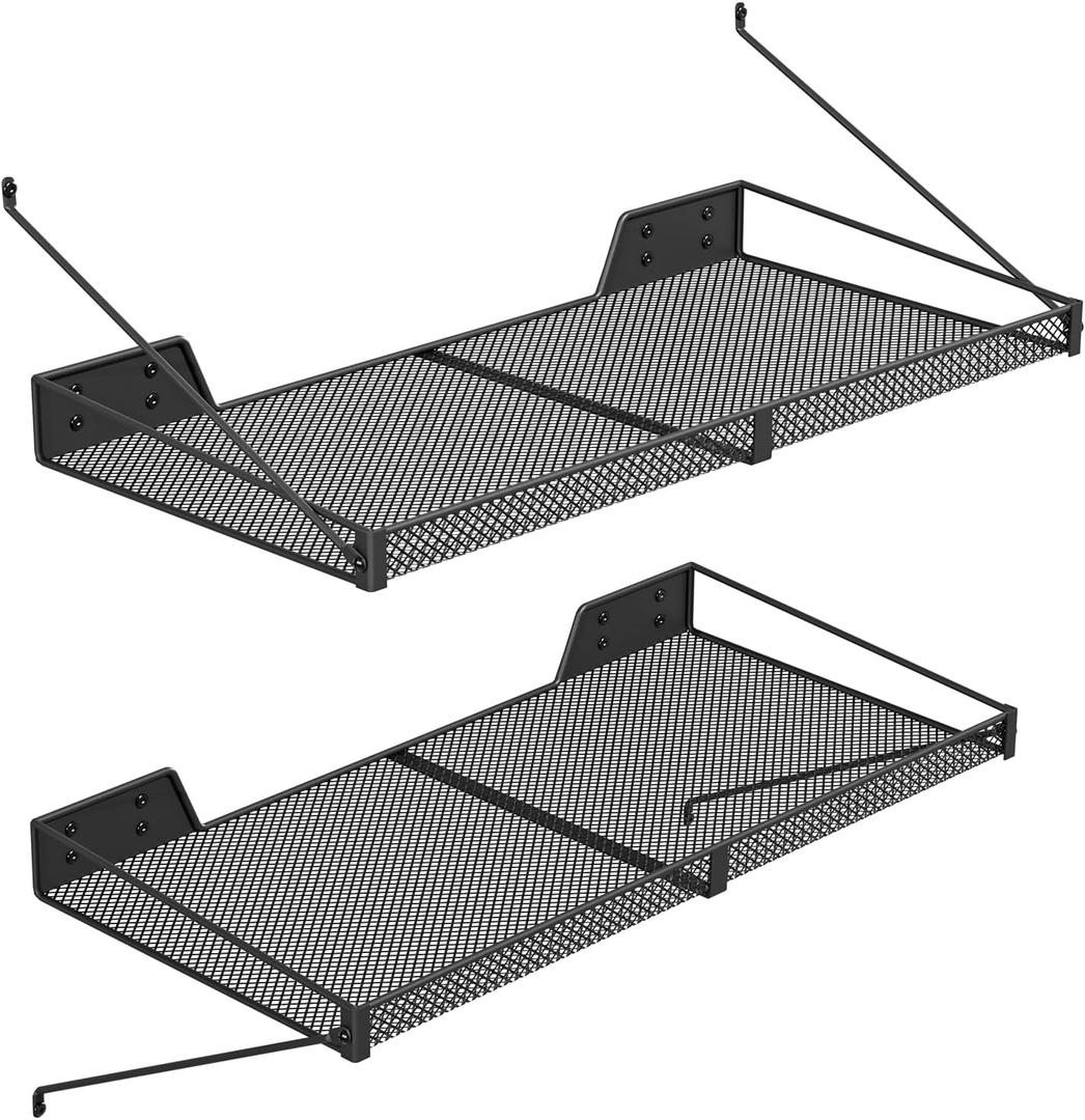 Garage Wall Shelf (2PCS-23.6"x12"x2.2") Steel Wall Shelf Storage Rack-design of TRIANGULAR BRACKET, Wall Mount Heavy Duty Metal Shelves Mesh Storage Rack for Garage, Office, Basement Kitchen, Closet (Black)