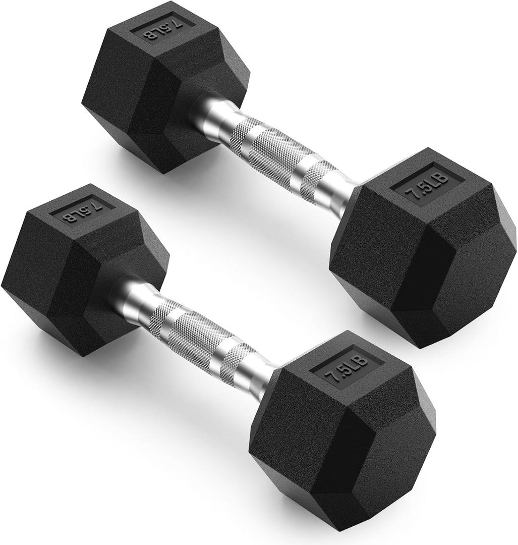 PAPABABE HEX Dumbbell Set 7.5lb 2pc, Rubber Encased Home Gym Dumbbells, Exercise & Fitness Weights Dumbbells for Women & Men, Hand Weight for Strength Training