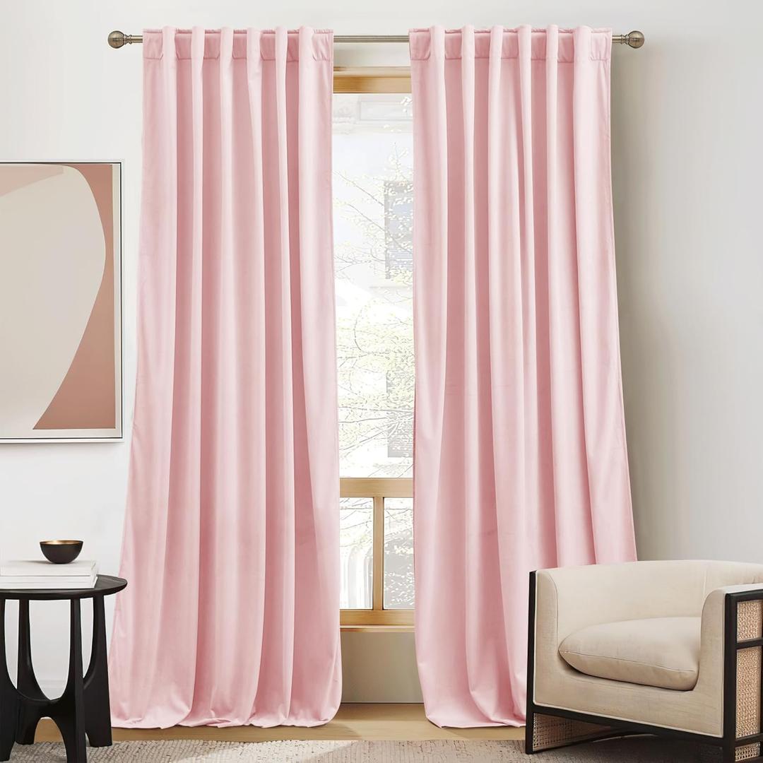 RYB HOME Baby Pink Velvet Curtains 102 inches, Back Tab Soft Fabric Room Darkening Thermal Insulated Luxurious Home Decor Curtains for Living Room Bedroom, W 52" x L 102", 2 Panels Set
