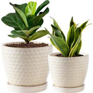 Plant Pots, Flower Pots, Planters for Indoor Plants(6.5+5.5inch), Flower Pots for Indoor Plant with Drainage Hole and Saucer, Ceramic Pots for Plants with Hole Mesh Pad,Reactive Glaze White