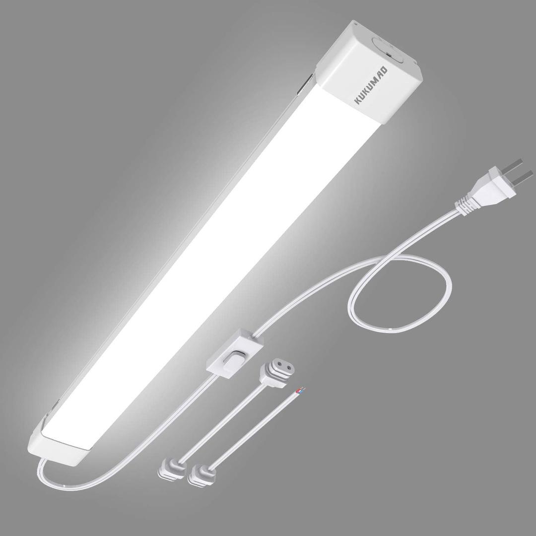 KUKUMAO 5000K Plug in LED Tube Light Fixture, 18W Linkable Cabinet Light for Garage, Kitchen, Bathroom, Closet, Office - 2Ft, Triproof, White
