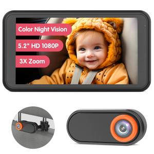 BM2 Car Camera for Baby, 5.2" 1080P Screen with 3X Zoom, Clear Rear-Facing View, 360 Rotating Lens, Easy Installation  Safety for Infants and Pets (Black)