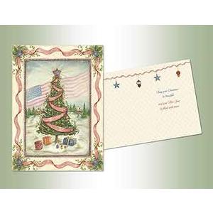 American Flag and Tree - Box of 16 Patriotic Christmas Cards,  5.5x7.75''