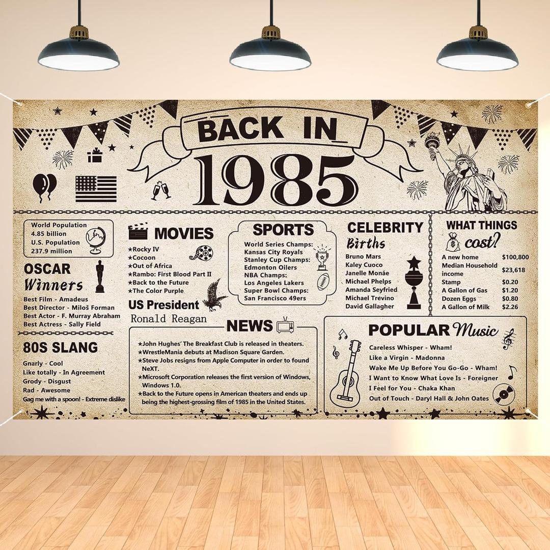 DARUNAXY 40th Birthday Party Decorations, Vintage Back in 1985 Banner 40 Year Old Birthday Party Poster Supplies Vintage 1985 Backdrop Photography Background for Men & Women 40th Class Reunion Decor