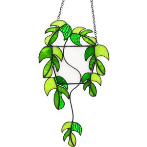 Monstera Stained Glass Window Hanging Green Plant Suncatcher, Handcrafted Real Stained Glass Sun Catcher Window Wall Decor for Home Indoor Outdoor, Plant Lover Gifts
