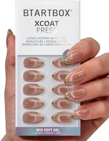 BTArtbox Press On Nails Short - Gold Drops, Lamp-Curable Gold French Tip Cat Eye Almond Press On Nails with Glue and Adhesive Tabs for Women in 16 Sizes - 32 Soft Gel Glue On Nails Kit