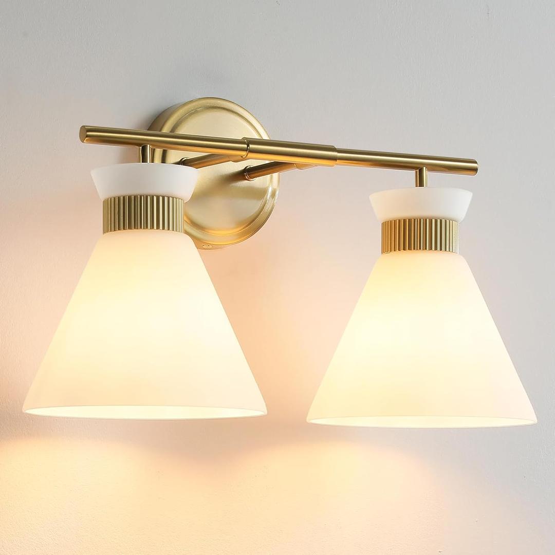 WOSHITU Gold Bathroom Light Fixtures: Modern Vanity Lighting Fixtures 2 Lights for Bathroom Mid Century Vanity Light Sconces Over Mirror with Frosted Milky Glass for Bath Bedroom Makeup,Gold, 2-Light