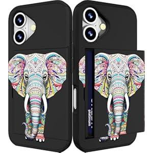 IWONE Compatible for iPhone 16 Plus Case Cute with Card Holder Shockproof Slim Slot Phone Wallet Cover for Women/ African Elephant Design Animal Ethnic Stylized Pink