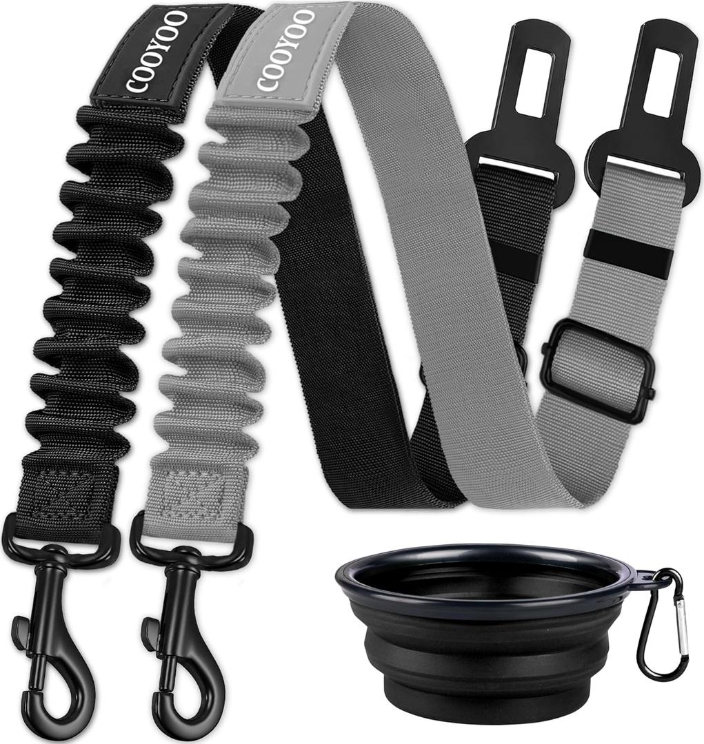 COOYOO Dog Seat Belt,3 Piece Set Retractable Dog Car Harness Adjustable for Vehicle Nylon Pet Safety Heavy Duty & Elastic (Set 09-Black+Grey)
