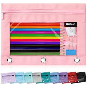 SPACEMATE Binder Pencil Pouch Case Box Bag for Ring Binder School Supplies Girls Boys Kids, Clear Preppy Stuff Large Aesthetic Pen Organizer, Back to College Stationary, 1 Pack, Light Pink