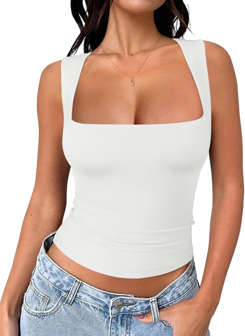 REORIA Butsmooth Women's Square Neck Going Out Crop Tops Double Lined Cute Basic Tank Tops 2026 Clothes (White, L)