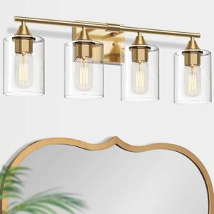 Brushed Gold Vanity Light,4 Light Gold Bathroom Light Fixtures,Bathroom Lights Over Mirror with Clear Glass Shade,Modern Wall Lighting for Mirror Bedroom Vanity Hallway