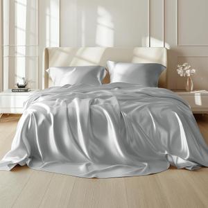 Bedsure Satin Sheets Queen Size - 4 Piece Silky Bedsheets with Elastic Corner Straps and 15 Inches Deep Pocket Fitted Bedsheet,1 Flat Sheet, 2 Satin Pillowcases, Good for Hair &Skin(Queen,Silver Grey)