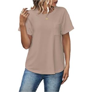 winkbay Women's Summer Crew Neck Short Sleeve T Shirts Dressy Casual Drop Shoulder Basic Tops Khaki Medium