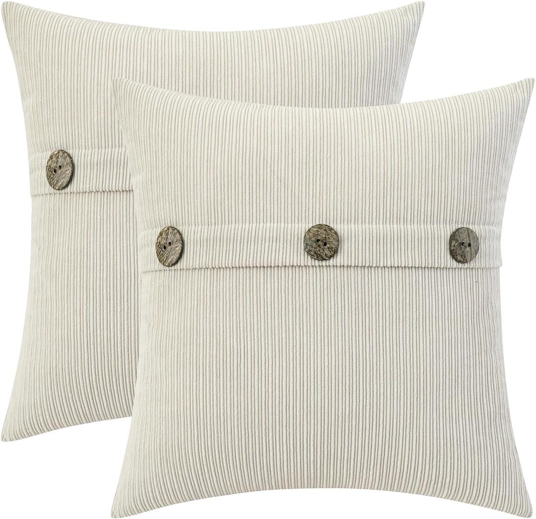 HWY 50 Cream White Chenille Throw Pillow Covers 18x18 Inch with Triple Buttons, Soft Farmhouse Accent Decorative Cushion Cases for Couch Sofa Bed Living Room Bedroom Pack of 2
