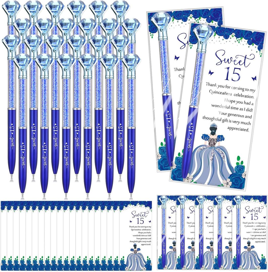 50 Sets Quinceanera Party Favors Sweet 15th Thank You Gifts Diamond Pens with Thank You Cards Retractable Ballpoint Bling Pens 15 Birthday Gifts for Guests (Navy Blue)