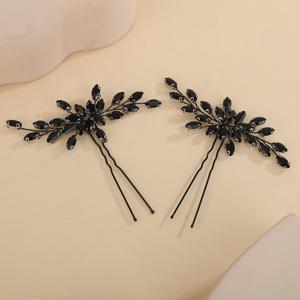2pcs Black Crystal Beads Hair Pins Wedding Bridal Hair Piece Handmade Sparkle Hair Jewelry for Special Occasion (Black)