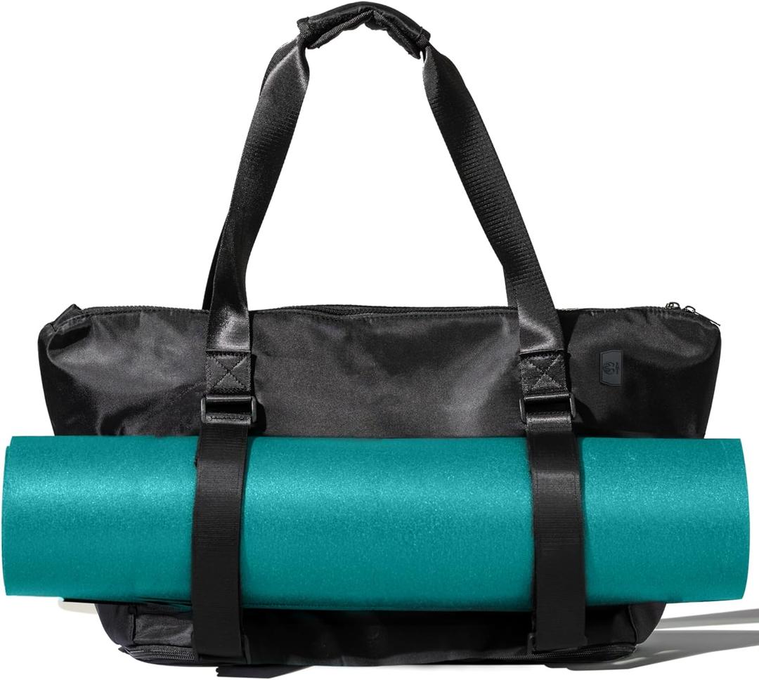 Yoga Mat Carrier - Expandable, Built-In Mat Straps, Water & Shock Resistant Laptop Pocket. Yoga Travel Bag with Luggage Sleeve, Gym Bags For Men & Women, Large Yoga Tote (Black)