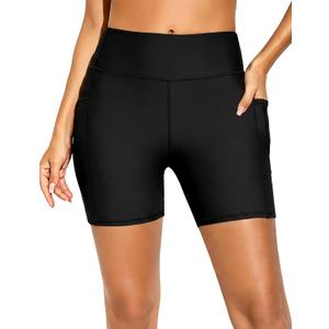 Buauty Womens High Waisted Swim Board Shorts 3" with Pockets Swimsuit Bottoms Liner Quick Dry UPF50+ (Large, Black)
