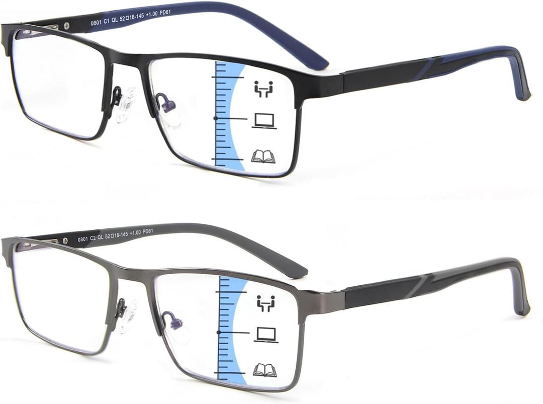 2 Pack Multifocal Progressive Reading Glasses Men, Blue Light Multifocus Bifocal Readers for Mid and Near Range (Black & Gunmetal)