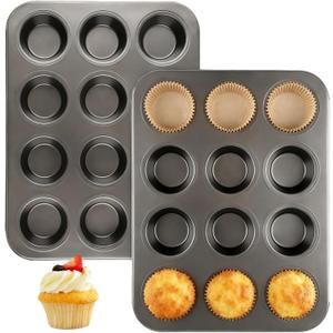 Artcochan 2 Pack Muffin Pan with 100 Cupcake Liners, 12 Cup Nonstick Cupcake Pan for Baking, Carbon Steel Baking Supplies Muffin Tin