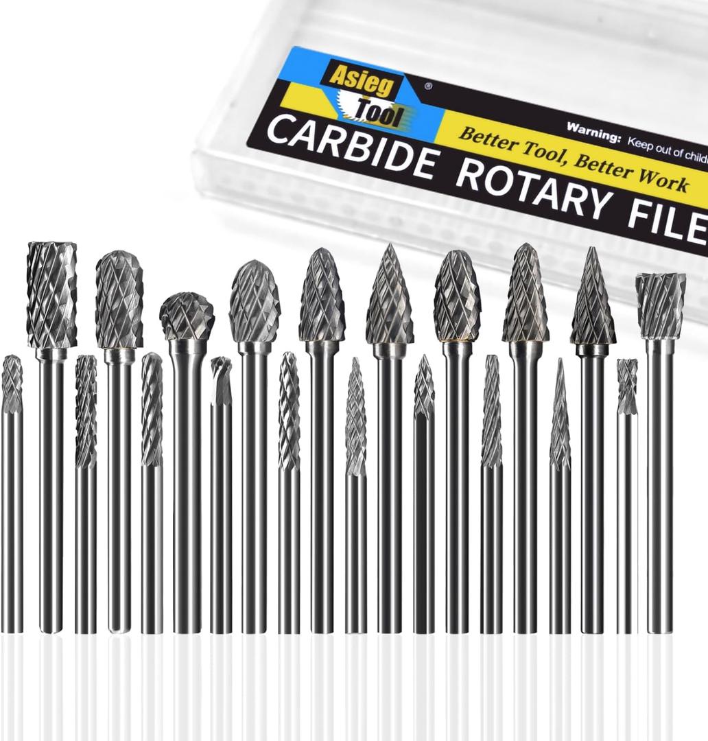 Carbide Burrs 20pcs Kit Double Cut Tungsten Carbide Burrs with 1/8 Shank Diameter Rotary File for Metal Carving Grinding Cleaning Polishing for Die Grinder Rotary Drill Tool Compatible with Dremel