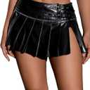 MakeMeChic Women's Pleated Leather Skirts Buckle Low Waisted Y2K Belted Mini Skirts (Medium, Black)