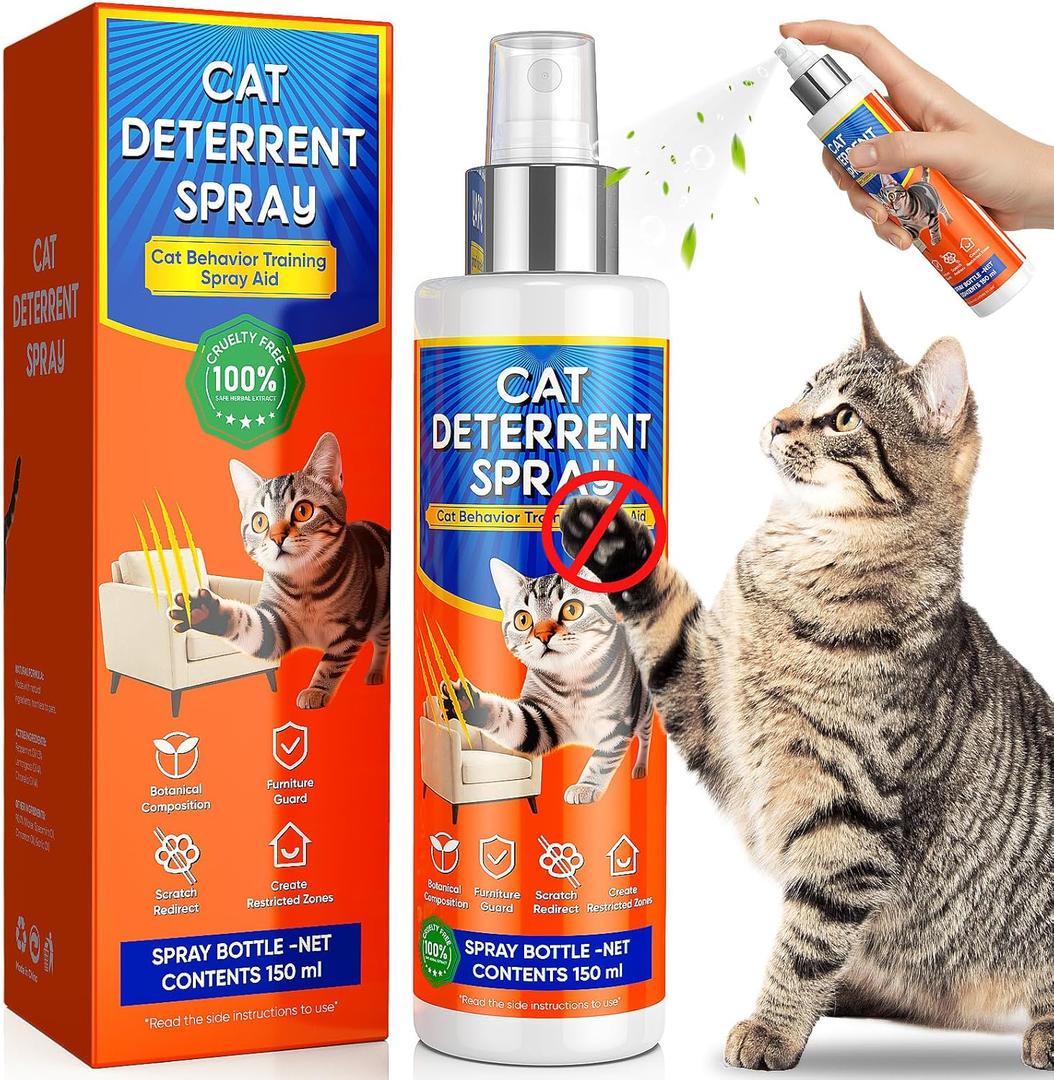 Cat Deterrent Spray - for Indoor & Outdoor, Cat Scratch Deterrent for Furniture Protection, Sofas, Rugs, Curtain - Cats Behavior Training Prevent Urine Marking, with Natural Ingredients(5.07 Fl Oz)