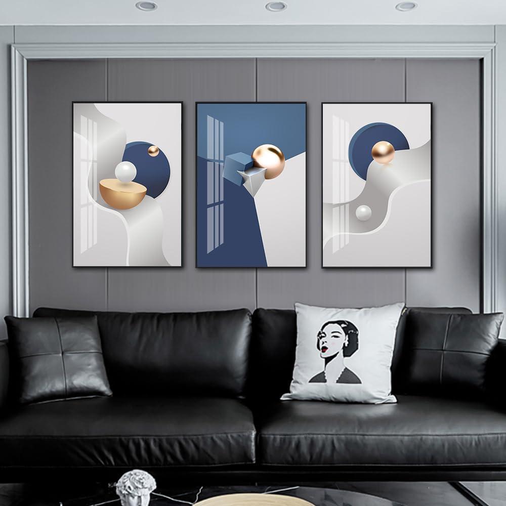 QKF Black Framed Large Wall Art Decor Living Room Geometry Abstract Decorative Painting Bedroom Room Bathroom Blue,Gray White Bright Modern Home art Office Restaurant Wall Canvas Posters & Prints 3 (16" X 24" X 3 pieces)