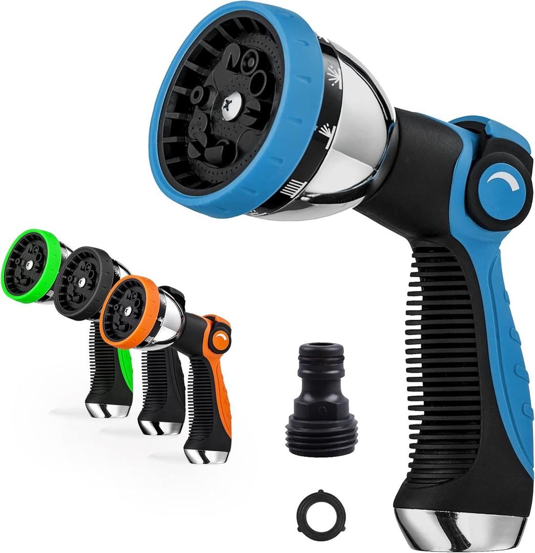 Garden Hose Nozzle Spray Nozzle,10 Hose Metal Duty Watering Patterns Thumb Control On Off Valve, High Pressure Nozzle Sprayer for Watering Plants, Car Wash,Cleaning,Showering Pets Blue