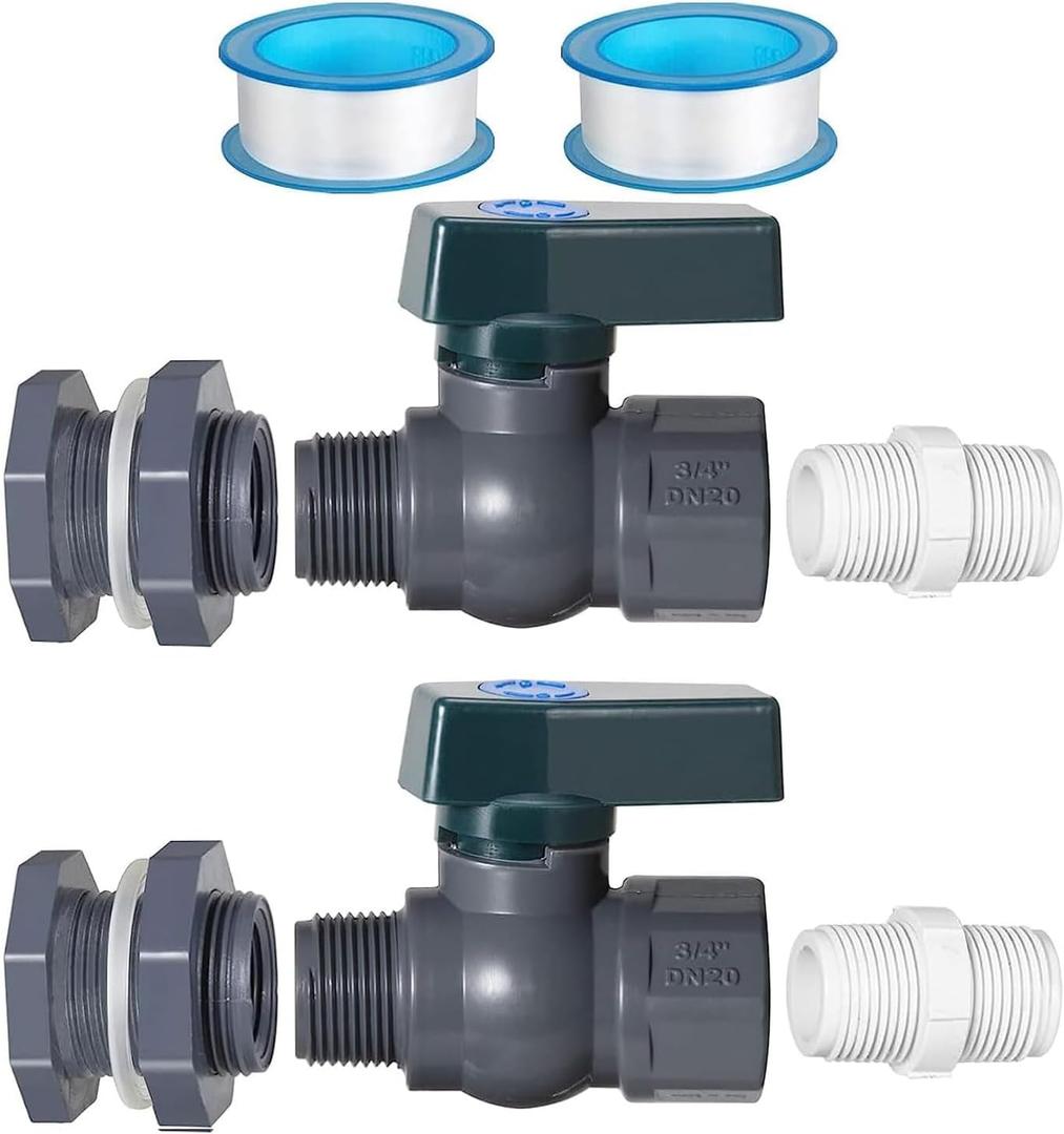 LePvo 2 Pack Rain Barrel Spigot Kit, Water Barrel PVC Garden Diverter Kit, Bulkhead Fitting Hose Faucet Adapter and Thread Seal Tape for Water Tanks, Aquariums, Tubs, Pool, Garden Barrel