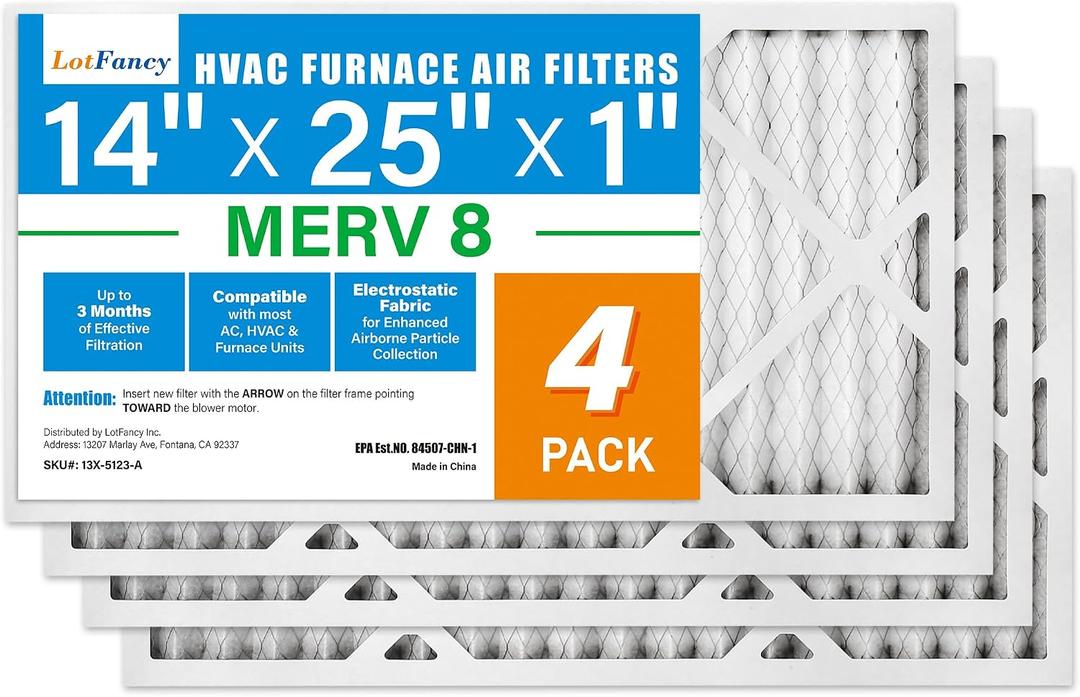 LotFancy 14x25x1 Air Filter MERV 8, 4-Pack, Actual Size: 13.75"x24.75"x0.75", Electrostatic Pleated Furnace & AC Filter, Captures Dust, Pet Hair, Pollen