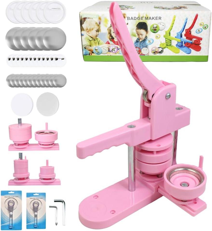Button Maker Machine Multiple-Sizes, DIY Pin Button Maker Machine Kit with Interchangeable Button-Models&Free Button Parts&Circle Cutter&Wrench Gadget (Pink, 25+58mm)