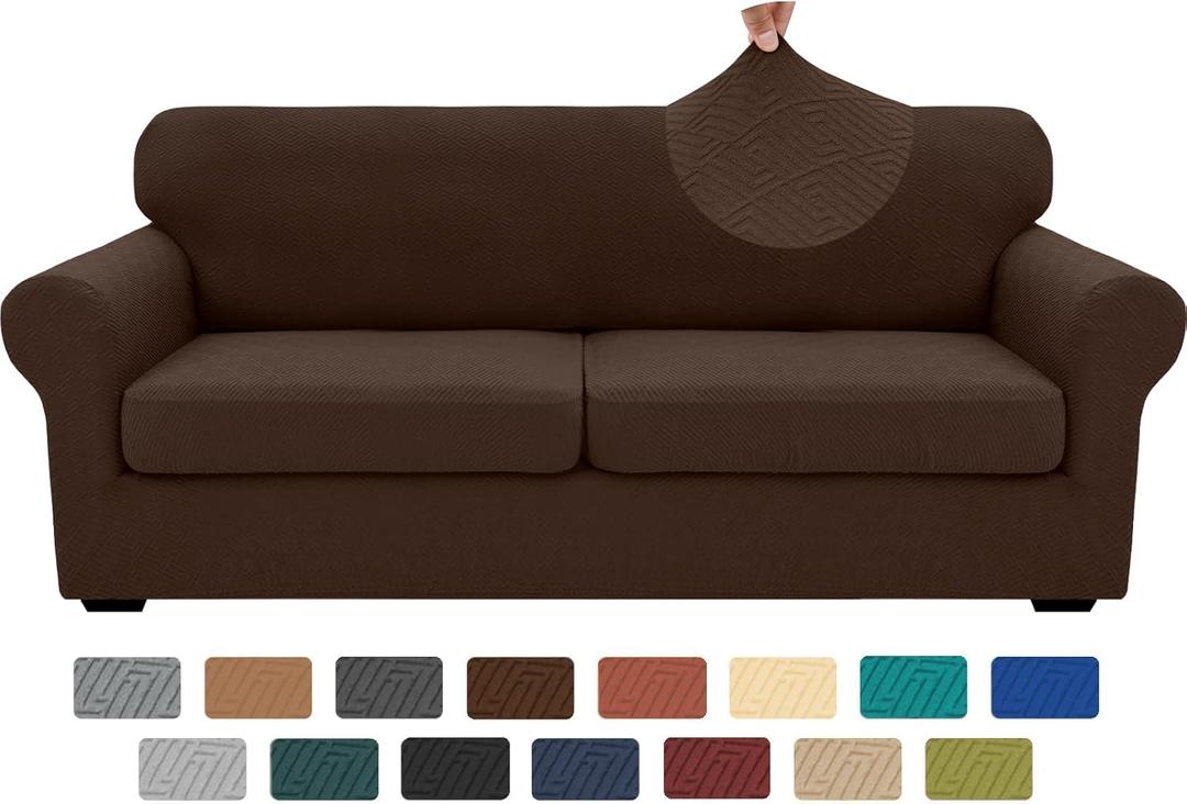 XINEAGE 2025 New 3 Pieces Couch Covers for 2 Extra Large Cushion Sofa Super Stretch Sofa Cover for 2 Large Seat Cushion Universal Loveseat Slip Cover for Living Room (Coffee), 71"-91"(2 Cushions). Sofa Slipcover Loveseat +2 Cushion Covers 19-28x19-30x12 30x40-19-33x12