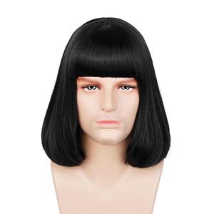 Men Short Straight Black Cosplay Bob Wig with Bangs for Halloween Role Play Costume Accessories