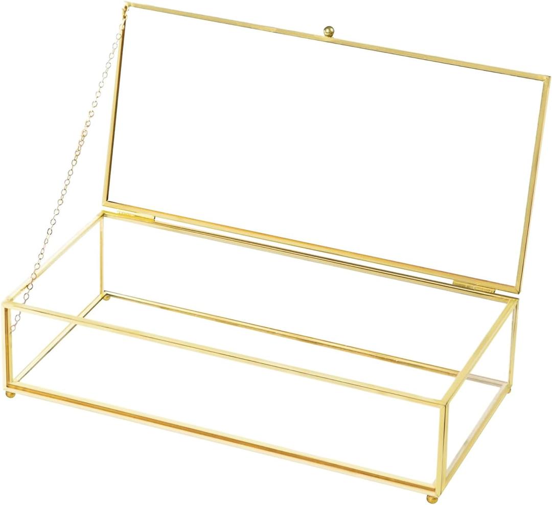 Glass Jewelry Box, Vintage Rectangle Gold Keepsake Box Organizer Box Vanity Lidded Box Home Decor Accent Decorative Box for Storage Trinket Rings Bracelet