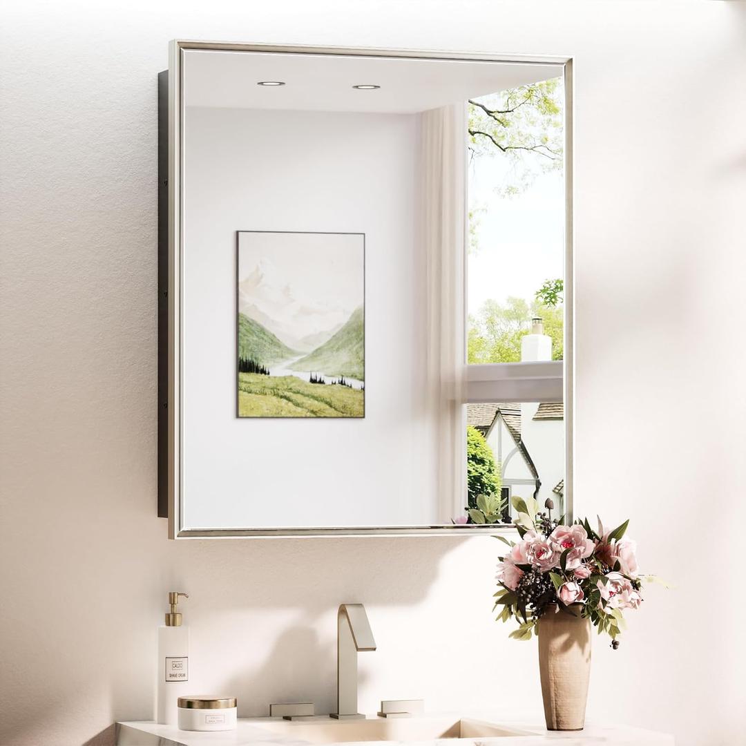 TokeShimi 26x30 Recessed or Surface Mounted Medicine Cabinet Mirror, Aluminum Framed Metal Mirror with Storage Adjustable, Brushed Nickel Bathroom Medicine Cabinet Mirrored Beveled Modern