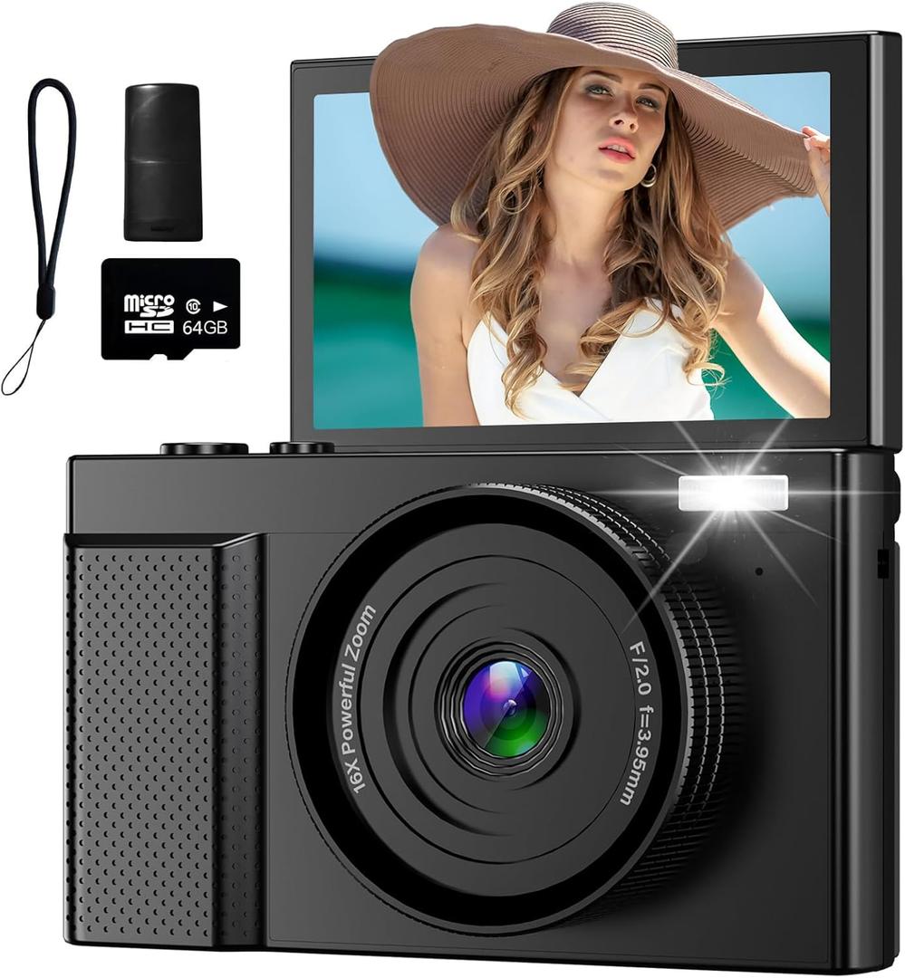 4K Digital Camera for Photography, 64MP Vlogging Video Camera for YouTube with 3'' 180Flip Screen, 64GB Micro SD Card, 16x Digital Zoom Point Shoot Compact Travel Vintage Cameras (Black)