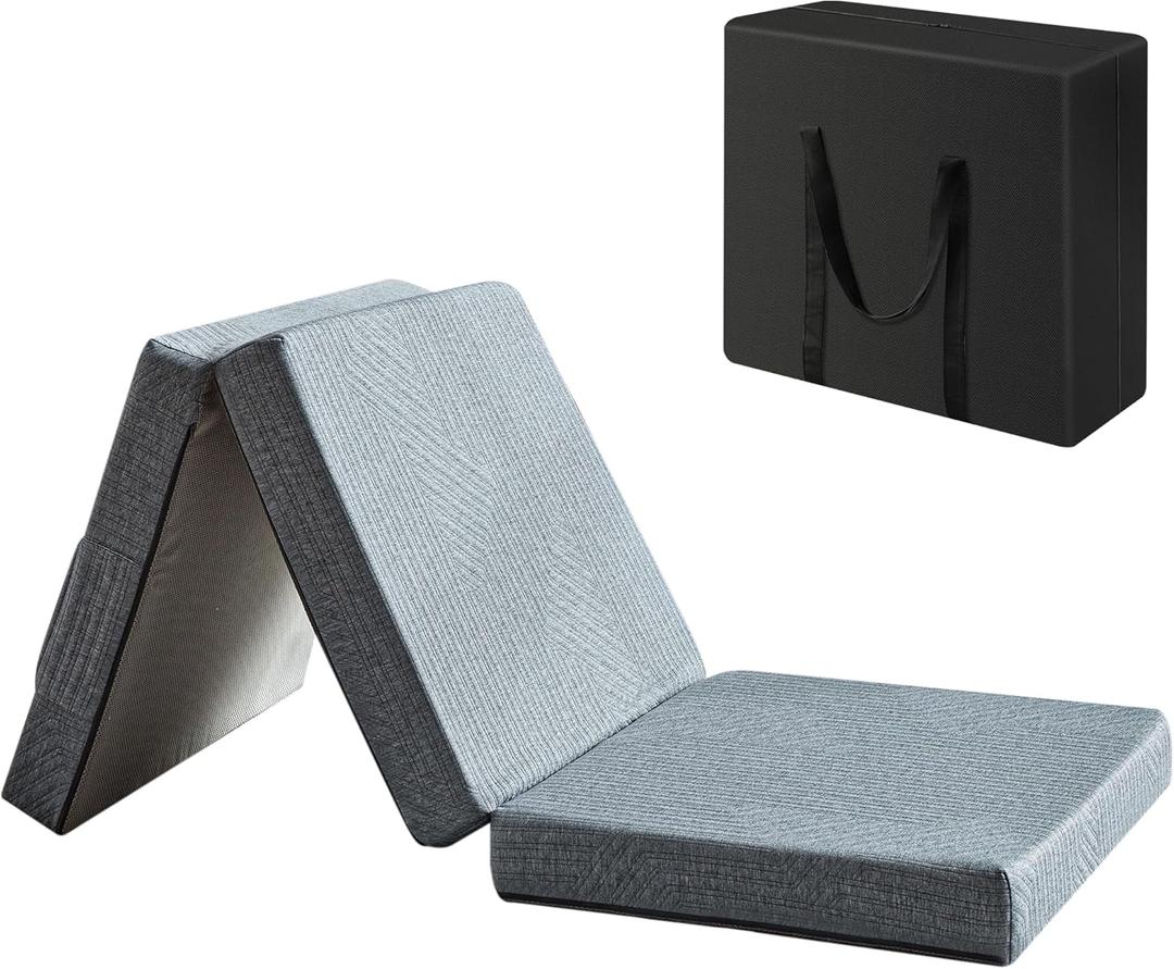 BDEUS Tri-Fold 3.95" Memory Foam Topper Full Size Portable Mat, Foldable Floor Mat for Adults & Kids, Washable CertiPUR-US Certified Cover, Lightweight for Travel/Camping/Yoga