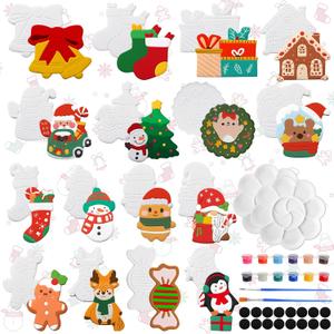 Soulchen 16 Sets Christmas DIY Painting Kits Christmas Ceramic to Paint Santa Claus Snowman Xmas Trees Elk Gingerbread Man Ready to Paint Refrigerator Magnets Classroom Activity Xmas Gift