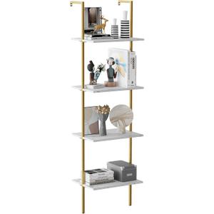Wolawu Ladder Shelf 4 Tiers Metal Industrial Bookshelf,White Marble Wood Tall Open Storage Rack and Display Shelves,Wall Mount Wide Book Case for Home Office Bedroom,Small (1 PC 15.7IN)