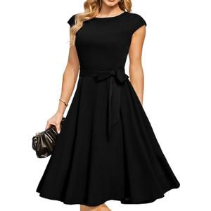 DRESSTELLS Women's Cocktail Dresses, Formal Wedding Guest Modest Church Vintage Tea Party Midi Evening Dress (Black, L)