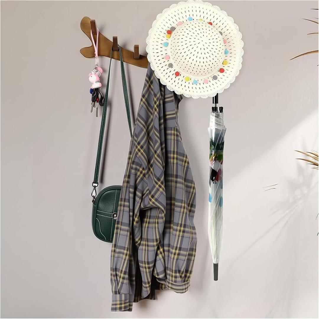 Coat Rack Wall Mount with 5 Flip Down Hooks - Wood Coat Rack Wall Mount for Entryway Bathroom Bedroom, Hanging Wall Hook Rack, Foldable Wooden Wall Mounted Coat Rack for Small Spaces (Walnut Brown)