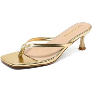 Mindeeryy Thong Sandals Kitten Heels Square Toe Flip Flops Slip On Heels for Women Kitten Heel Sandals Low Heel 2.4 Inch for Casual Gold 7