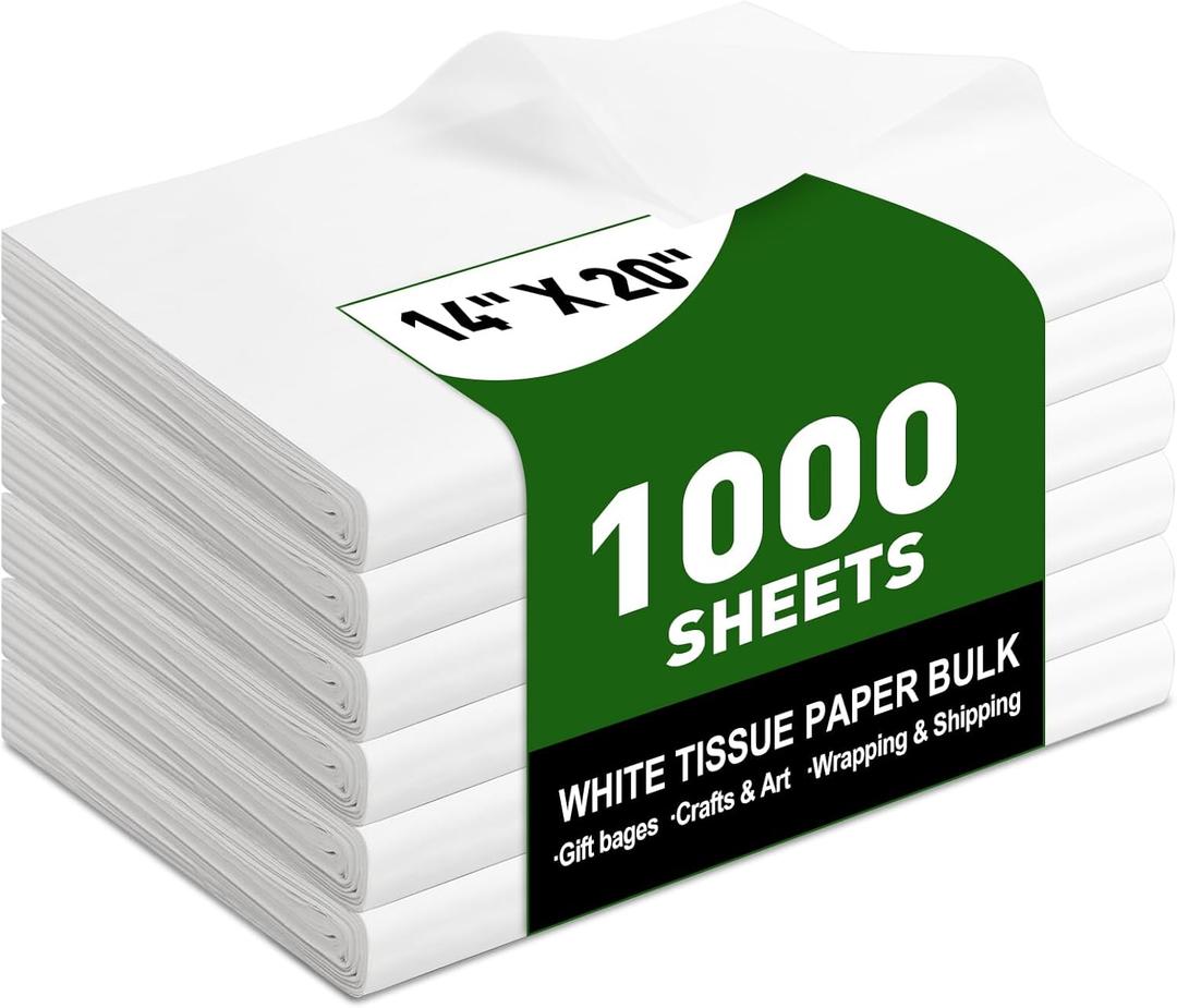 1000 Sheets White Tissue Paper, 14" X 20" Tissue Papers Bulk for Christmas Wedding Birthday Showers Valentine's Day Flower Decoration, Tissue Paper for Gift Bags, Crafts, Packaging, Storage, Art