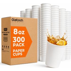 Glotoch 8oz Paper Party Cups Disposable Cups 300 Pack, White Leak-Proof BPA-Free Cups, Perfect for Home, Office, Parties or Events